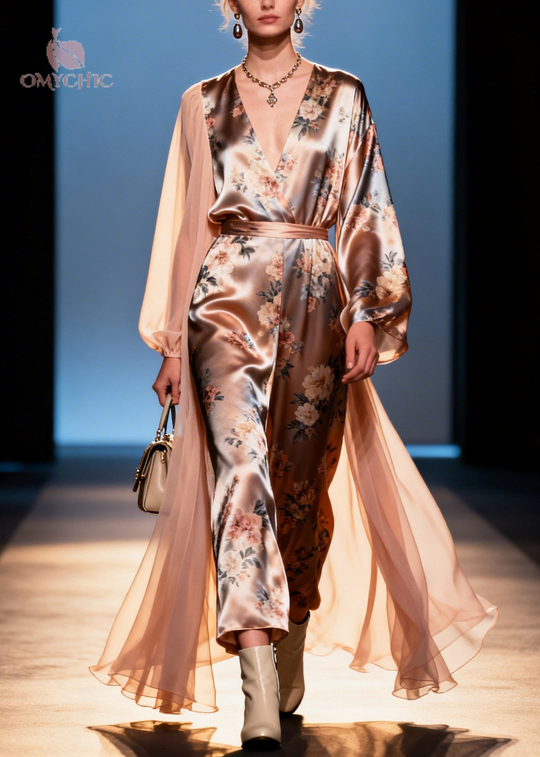 DIY Champagne Asymmetrical Patchwork Print Silk Maxi Dresses Summer