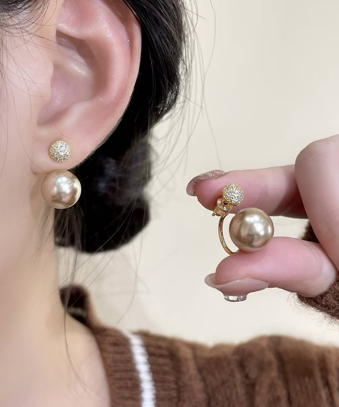 DIY Champagne Sterling Silver Overgild Zircon Pearl Hoop Earrings