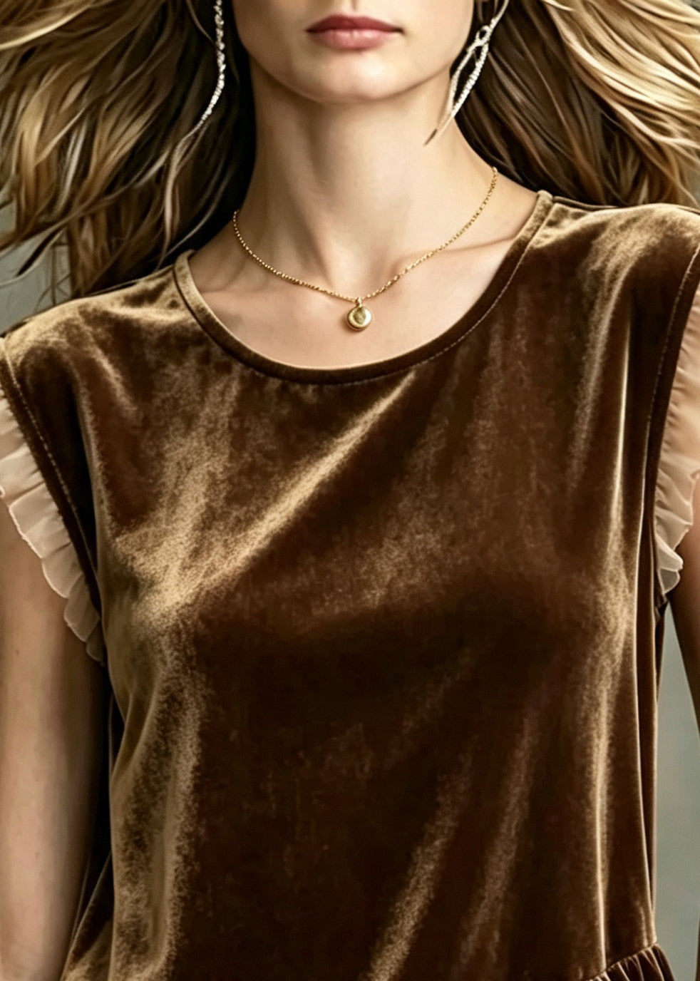 DIY Chocolate O-Neck Patchwork Silk Velour Top Sleeveless