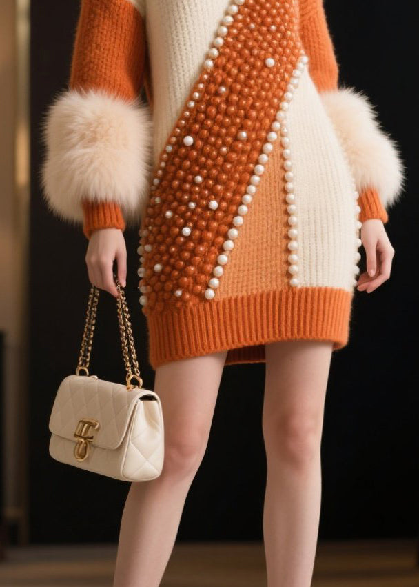 DIY Colorblock Nail Bead Patchwork Faux Fur Knit Sweater Dress Winter