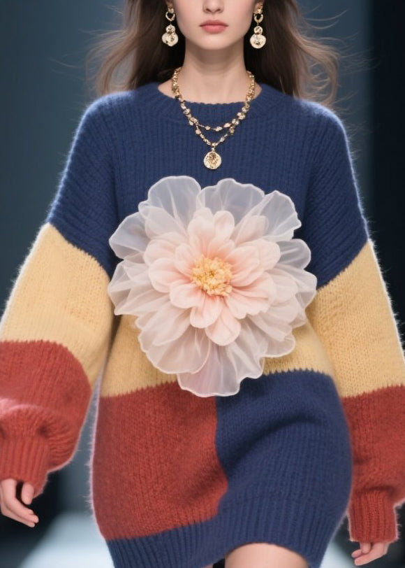 DIY Colorblock O Neck Floral Patchwork Knitwear Dress Fall