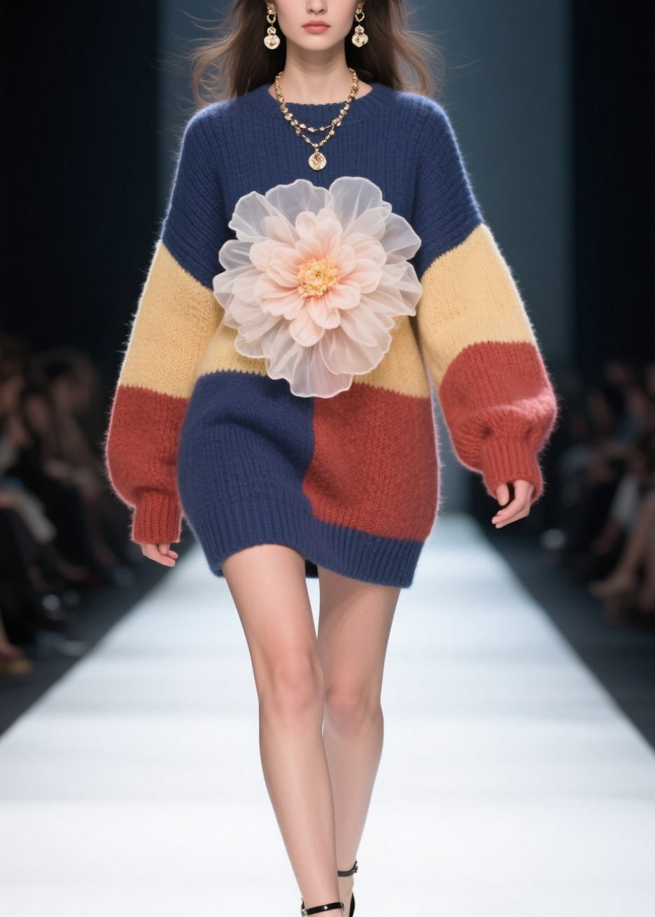 DIY Colorblock O Neck Floral Patchwork Knitwear Dress Fall