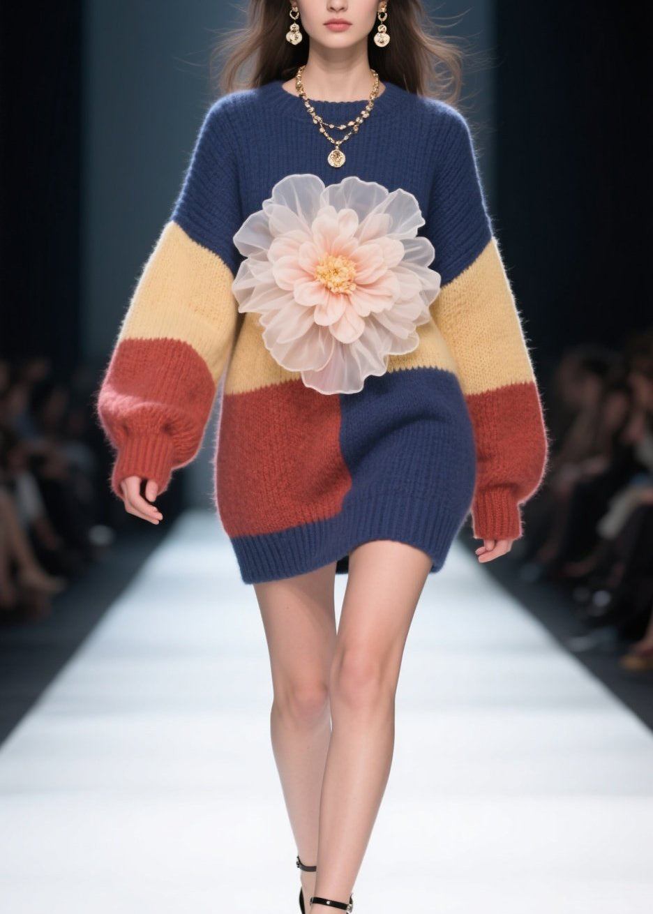 DIY Colorblock O Neck Floral Patchwork Knitwear Dress Fall