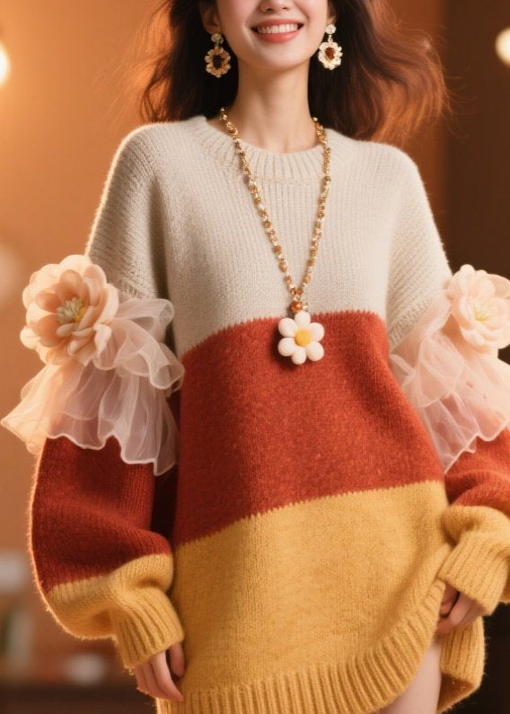 DIY Colorblock O Neck Ruffled Floral Knit Dress Winter
