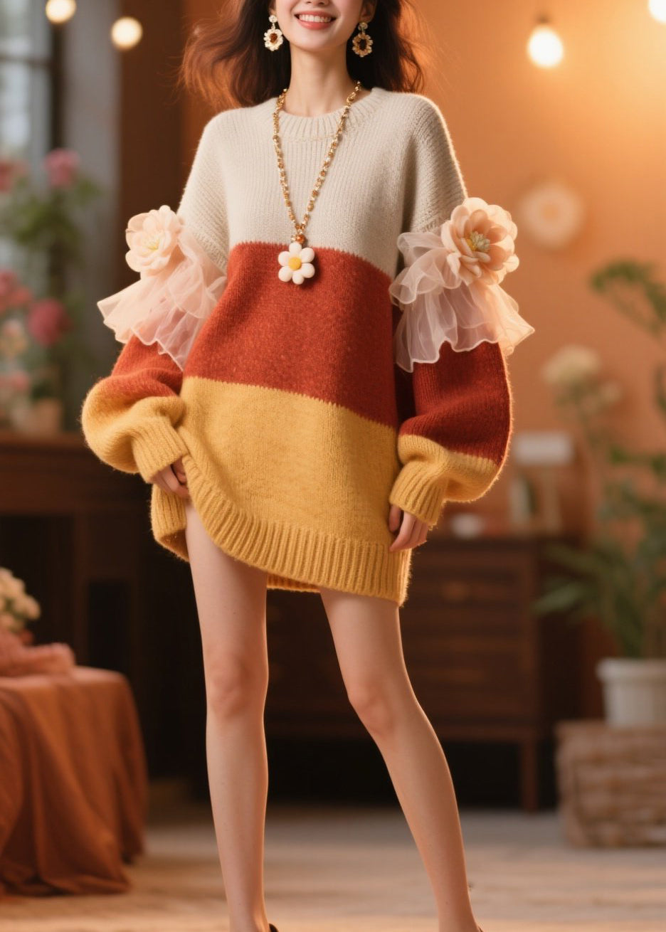 DIY Colorblock O Neck Ruffled Floral Knit Dress Winter