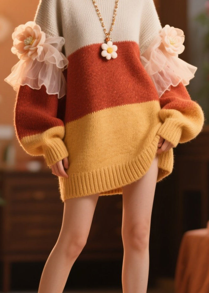 DIY Colorblock O Neck Ruffled Floral Knit Dress Winter