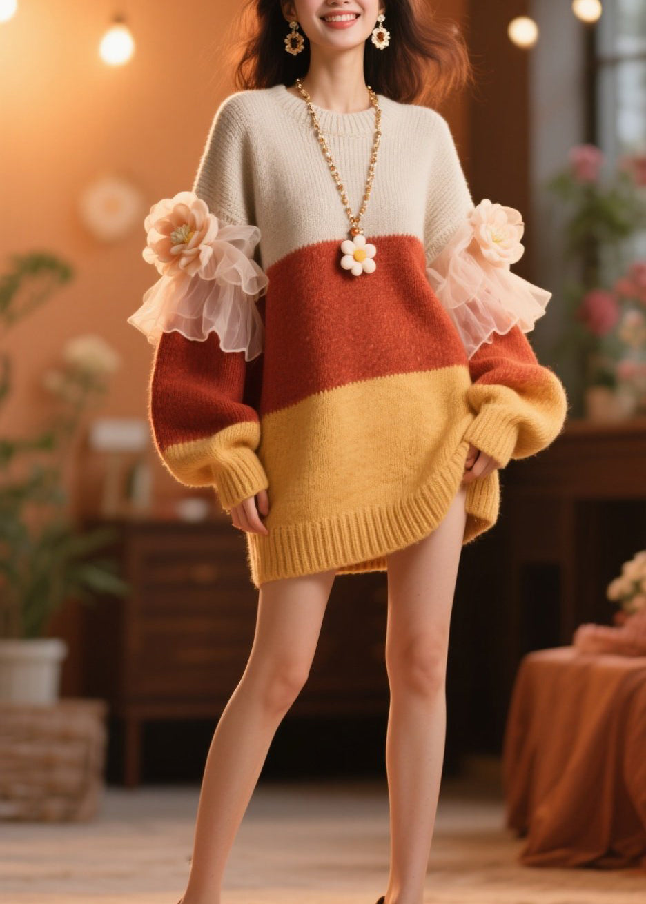 DIY Colorblock O Neck Ruffled Floral Knit Dress Winter