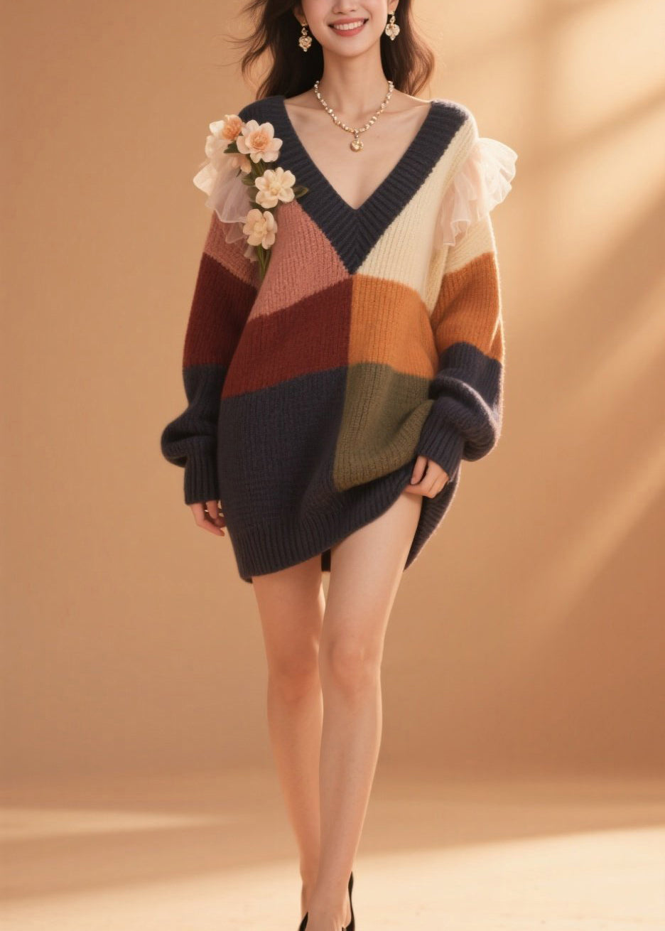 DIY Colorblock V Neck Floral Ruffled Knit Sweater Dress Fall