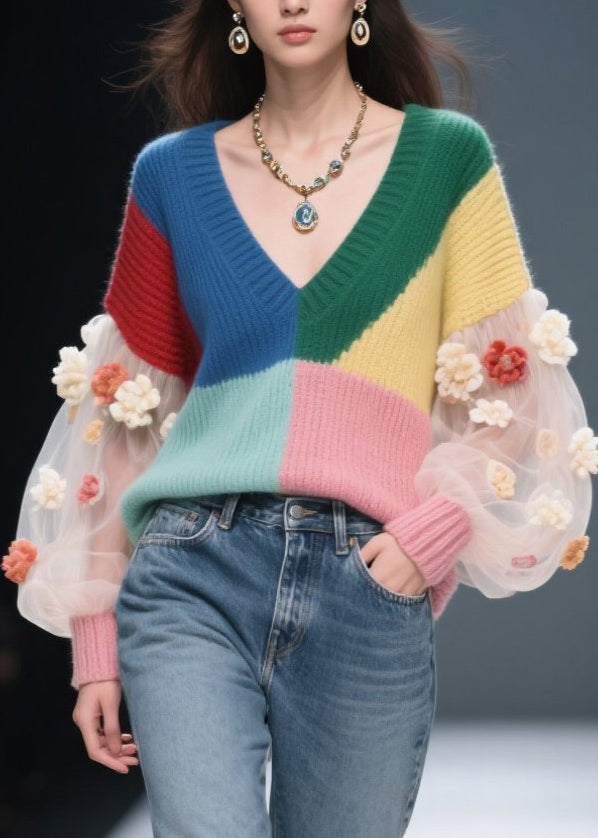 DIY Colorblock V Neck Floral Tulle Patchwork Knit Sweater Fall