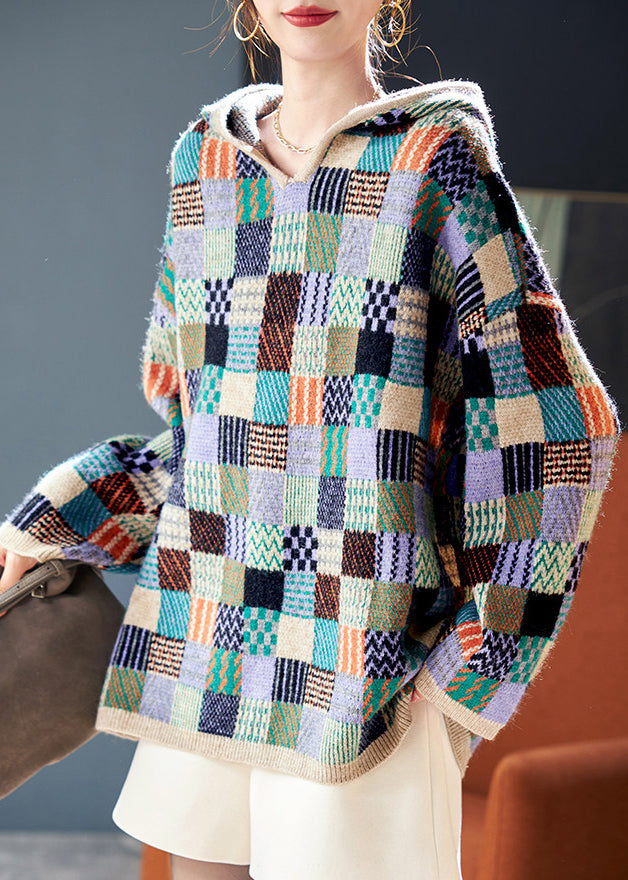 DIY ColorblockC Hooded Plaid Knit Pullover Fall
