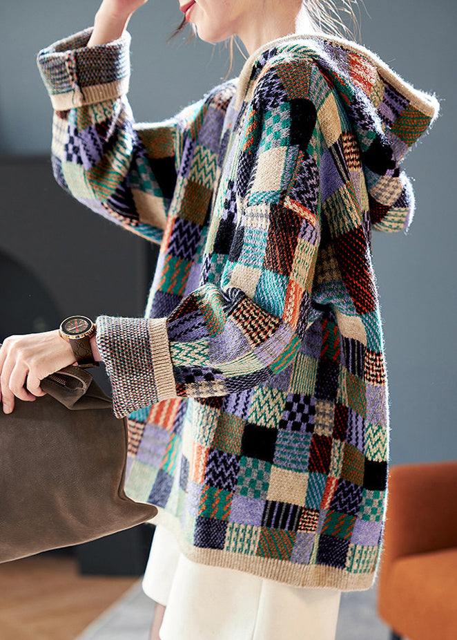 DIY ColorblockC Hooded Plaid Knit Pullover Fall