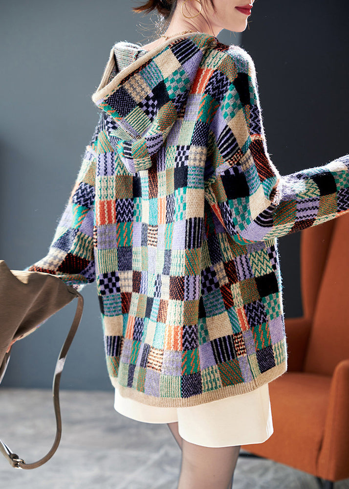 DIY ColorblockC Hooded Plaid Knit Pullover Fall
