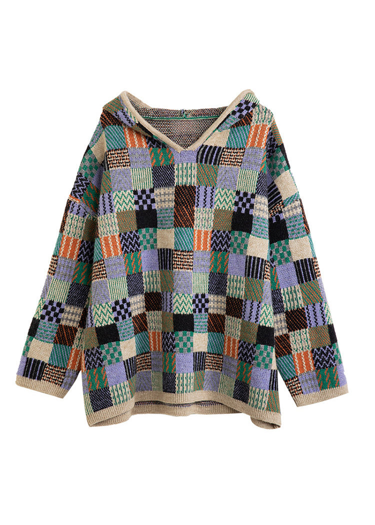 DIY ColorblockC Hooded Plaid Knit Pullover Fall