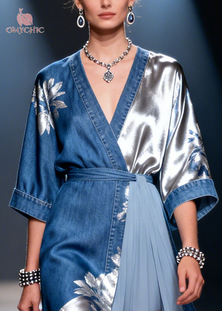 DIY Denim Blue Print Asymmetrical Patchwork Tulle Dress Summer