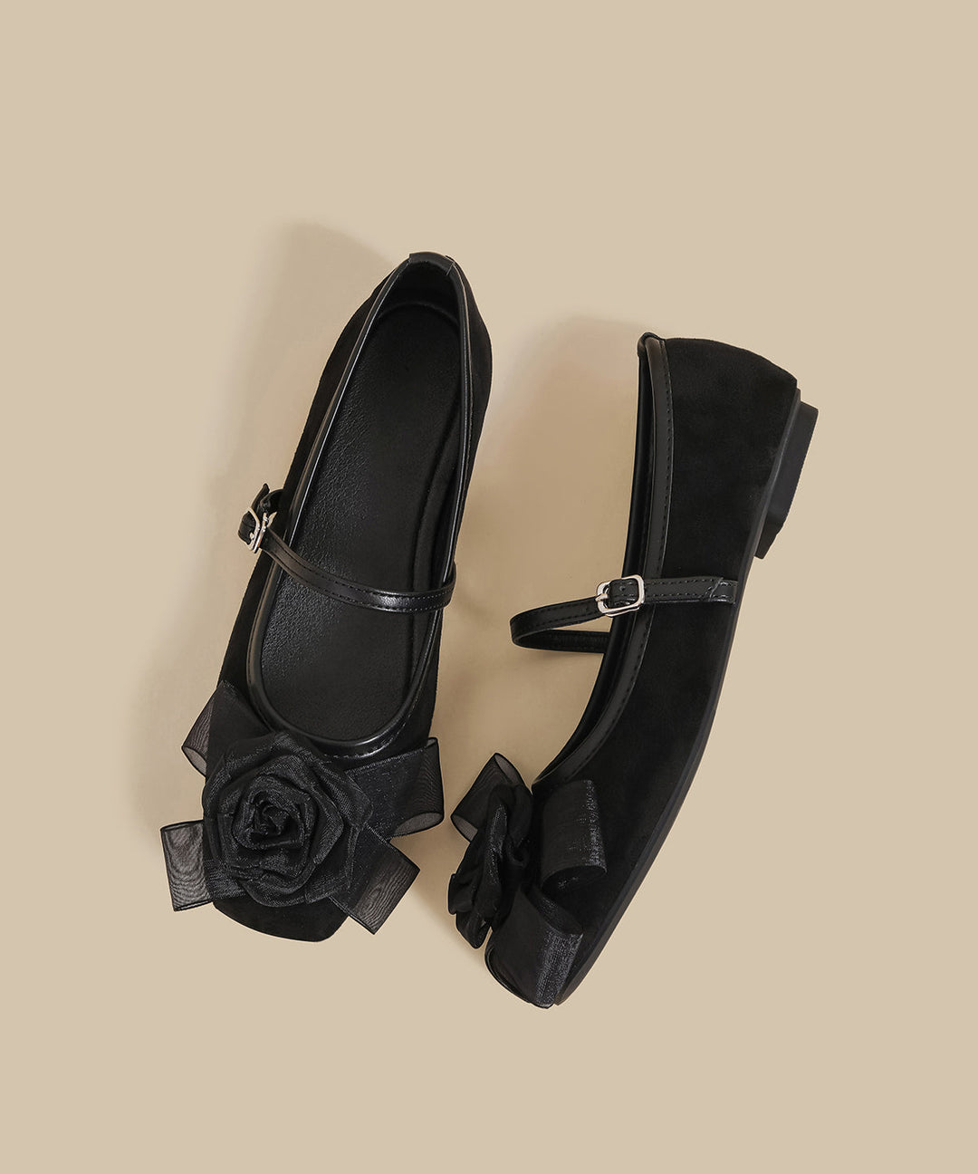 DIY Floral Buckle Strap Splicing Flat Feet Shoes Black Suede