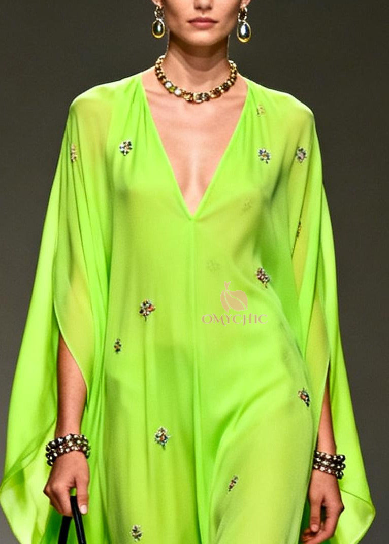 DIY Fluorescent Green Embroidered Chiffon Maxi Dresses Batwing Sleeve
