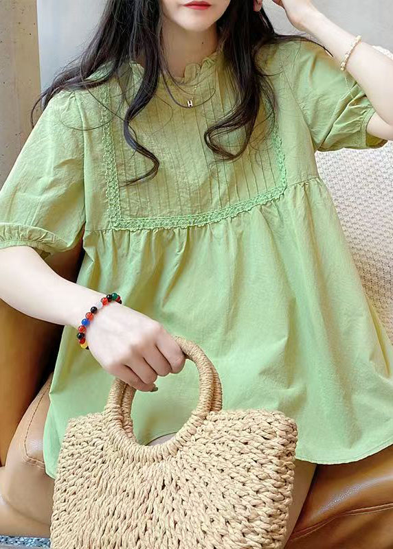 DIY Fruite Green Ruffled Wrinkled Cotton Shirt Top Summer