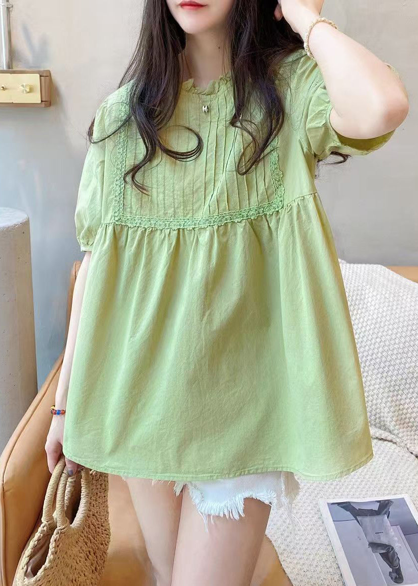 DIY Fruite Green Ruffled Wrinkled Cotton Shirt Top Summer