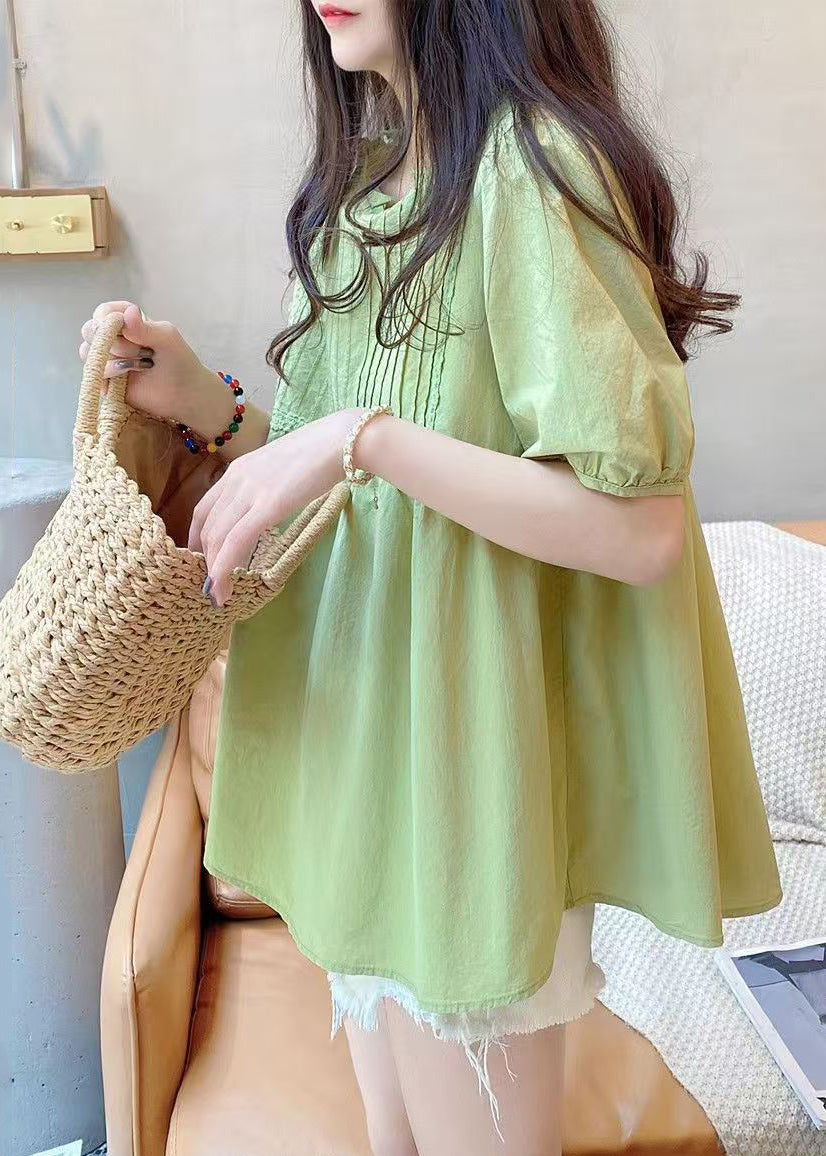 DIY Fruite Green Ruffled Wrinkled Cotton Shirt Top Summer