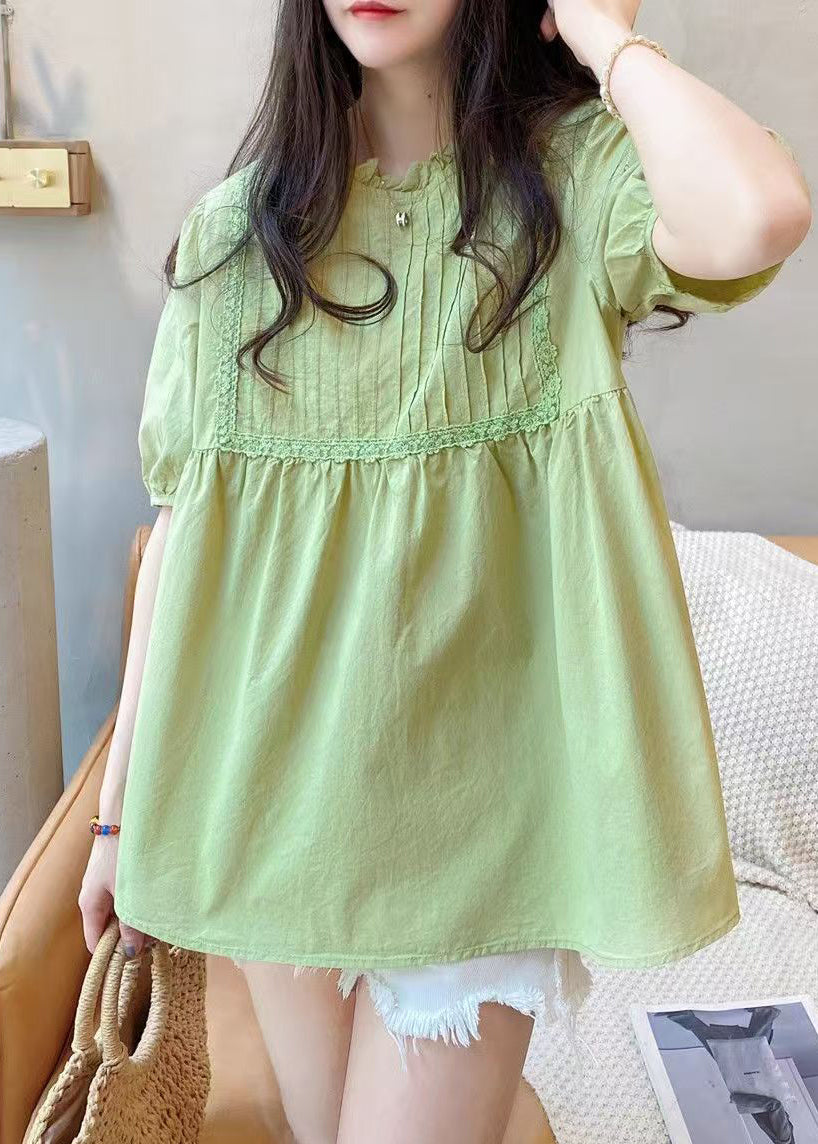 DIY Fruite Green Ruffled Wrinkled Cotton Shirt Top Summer