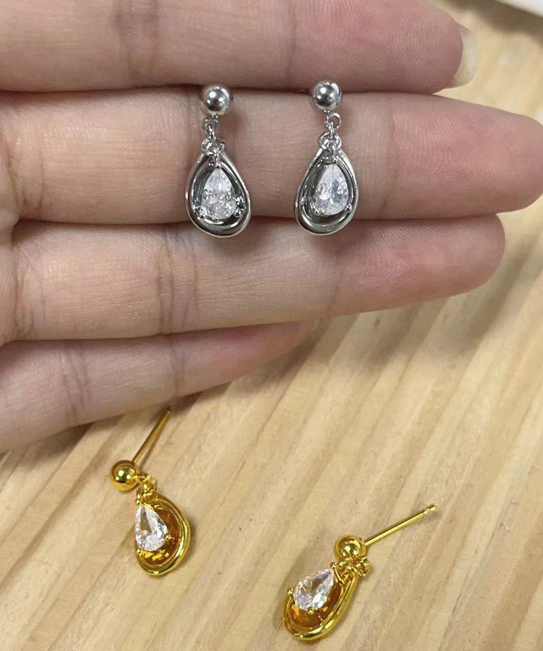 DIY Gold Copper Alloy Zircon Water Droplet Tassel Stud Earrings