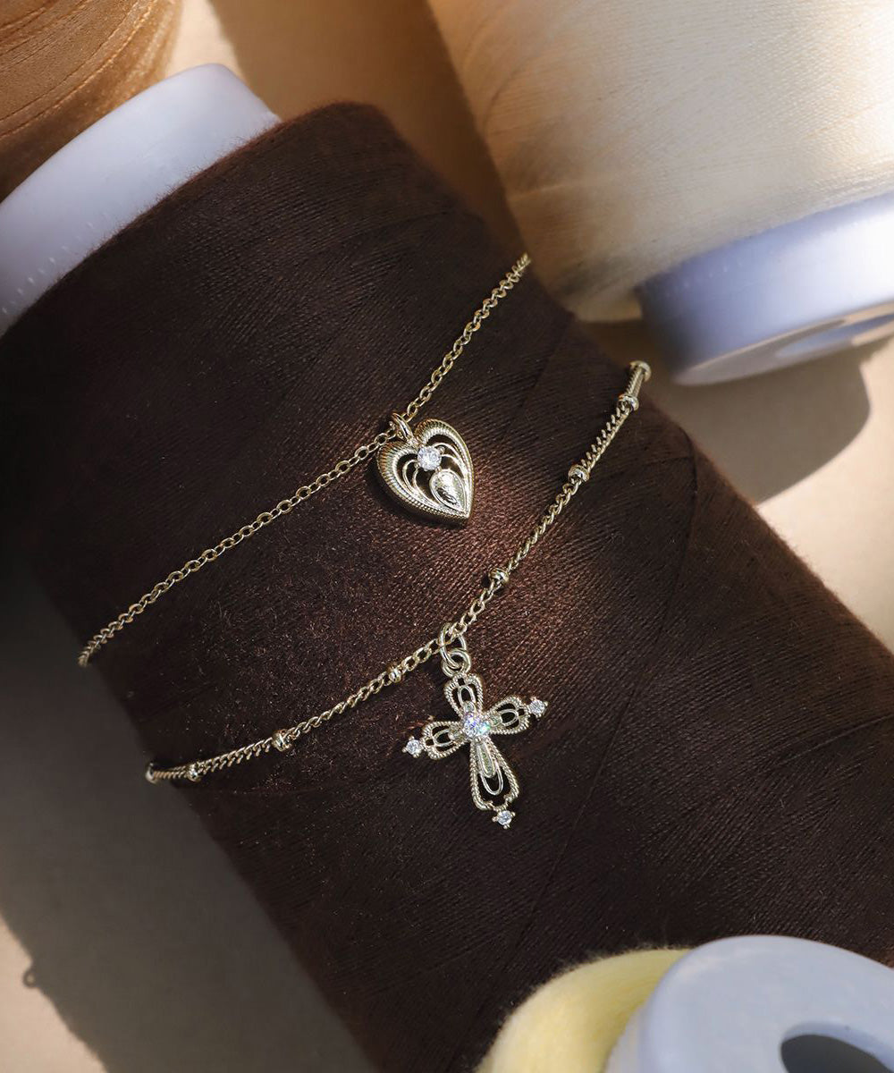 DIY Gold Copper Overgild Double Layered Cross Love Pendant Necklace