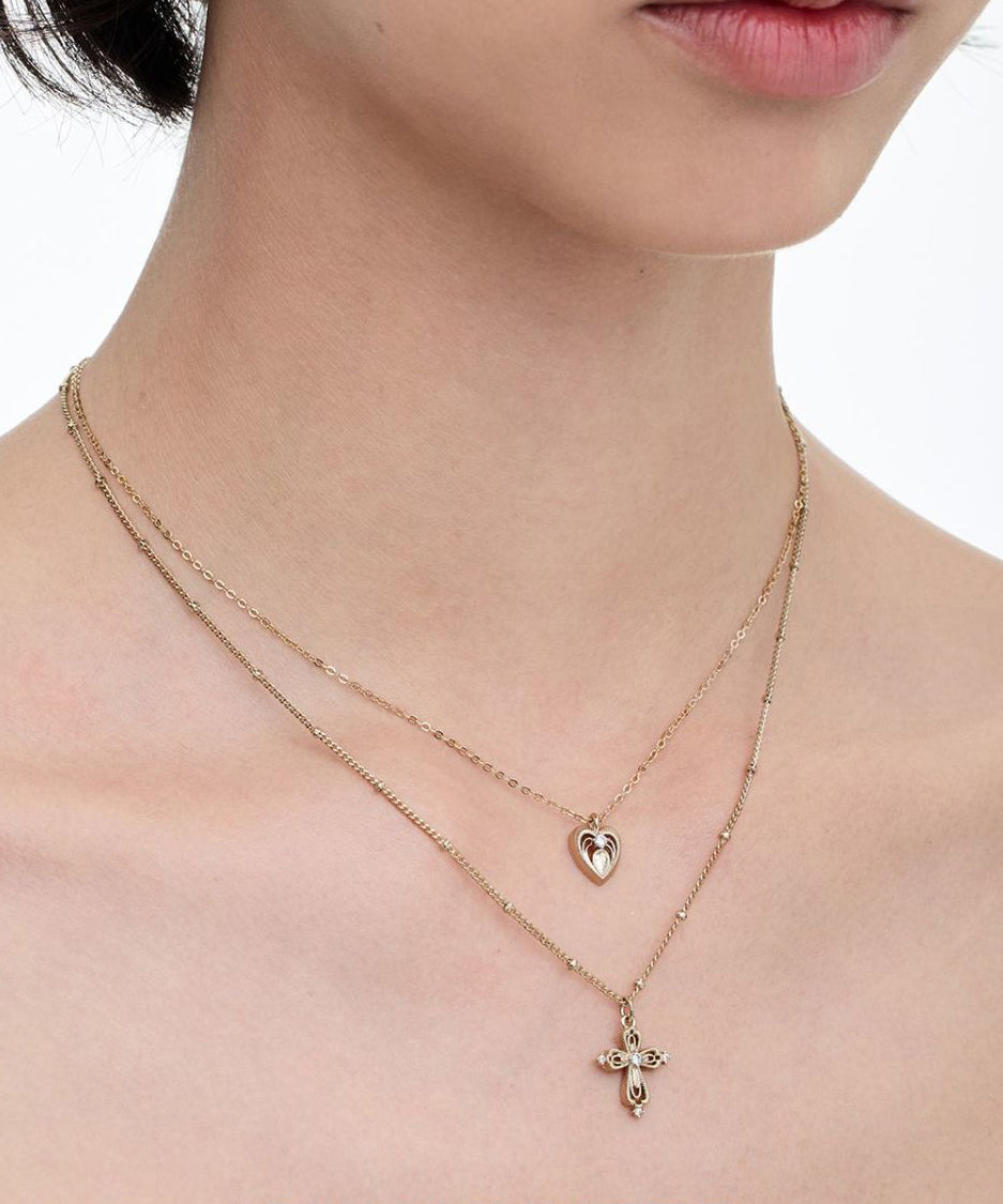 DIY Gold Copper Overgild Double Layered Cross Love Pendant Necklace