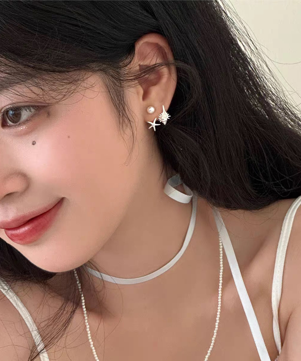 DIY Gold Copper Overgild Pearl Sea Star Conch Stud Earrings