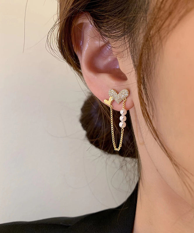 DIY Gold Copper Overgild Zircon Pearl Love Tassel Hoop Earrings