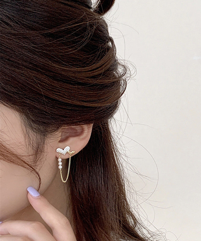 DIY Gold Copper Overgild Zircon Pearl Love Tassel Hoop Earrings