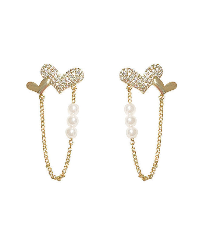 DIY Gold Copper Overgild Zircon Pearl Love Tassel Hoop Earrings