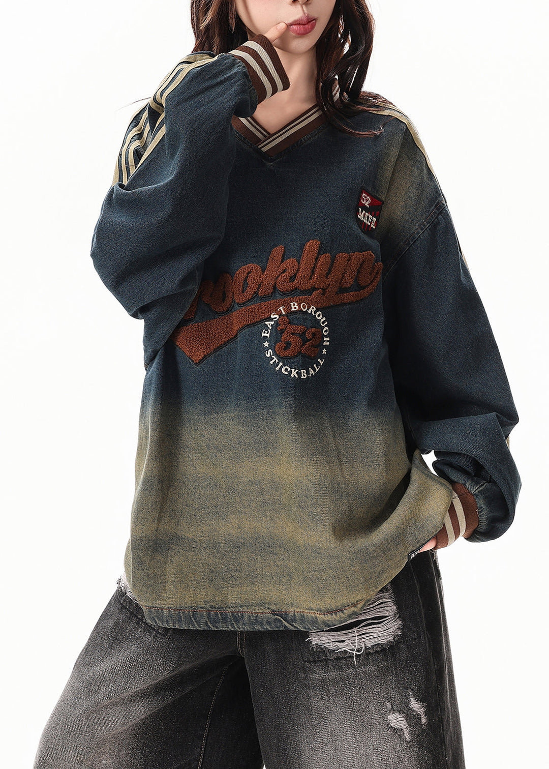 DIY Gradient Navy Oversized Embroidered Denim Sweatshirts Top Spring