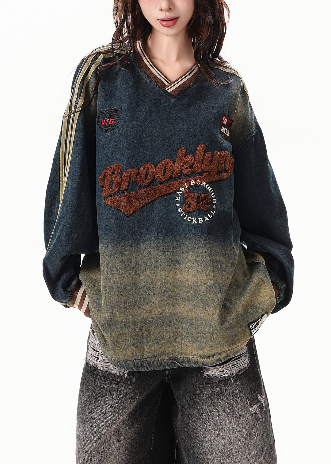 DIY Gradient Navy Oversized Embroidered Denim Sweatshirts Top Spring