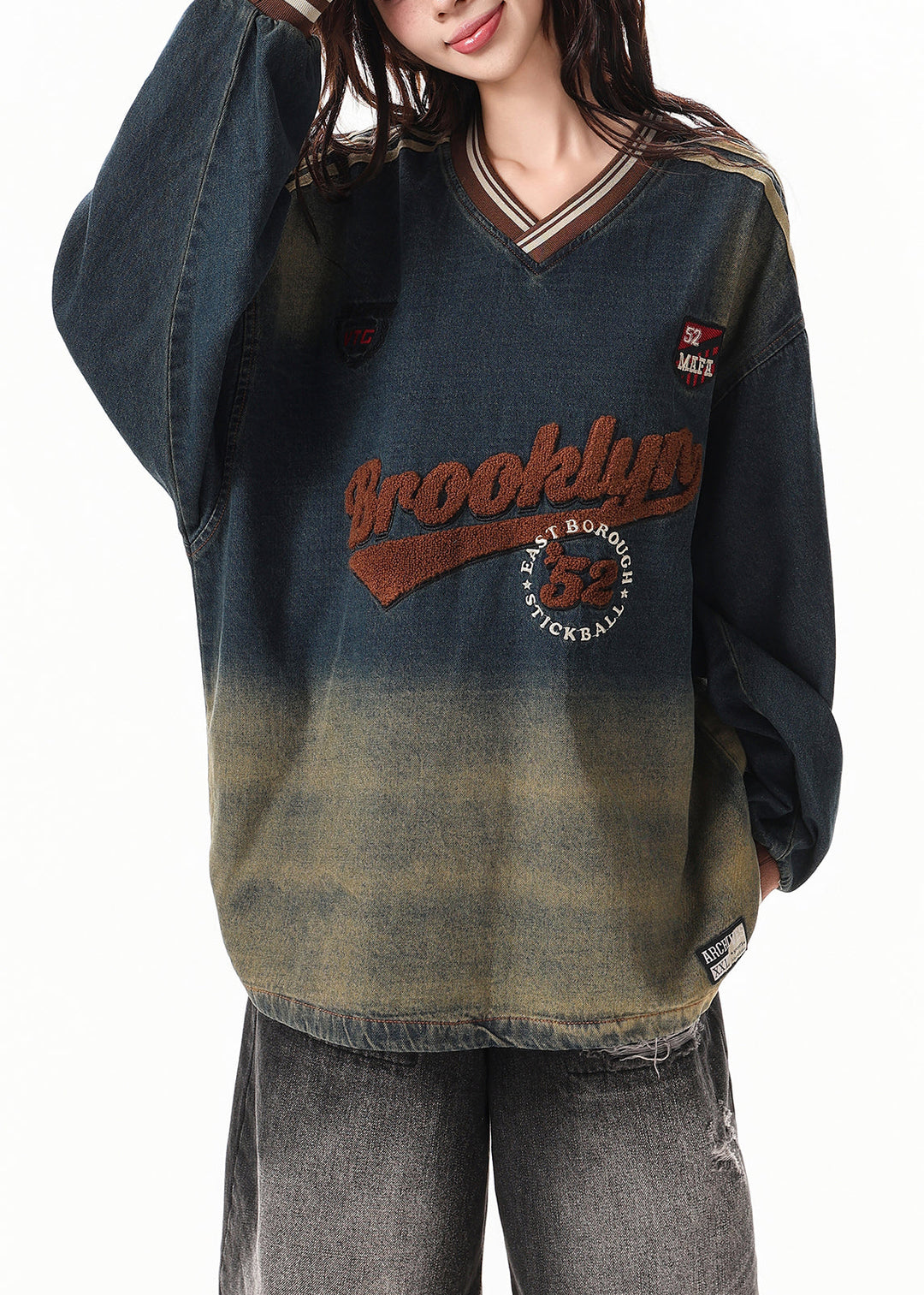 DIY Gradient Navy Oversized Embroidered Denim Sweatshirts Top Spring