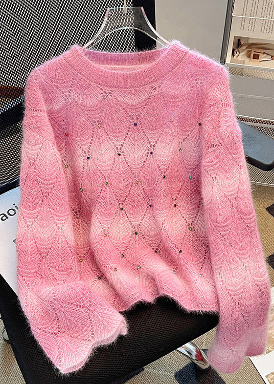 DIY Gradient Pink Oversized Rhinestone Knit Sweaters Winter