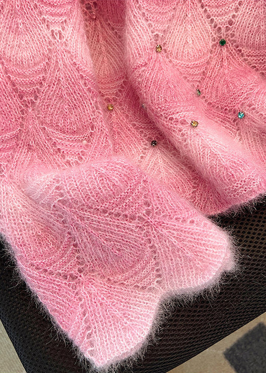 DIY Gradient Pink Oversized Rhinestone Knit Sweaters Winter