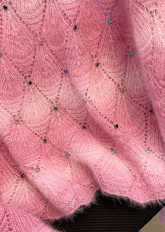 DIY Gradient Pink Oversized Rhinestone Knit Sweaters Winter