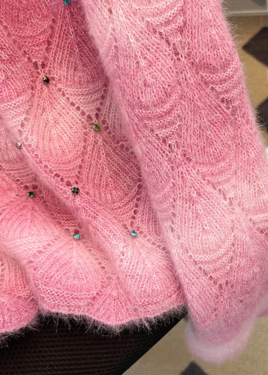 DIY Gradient Pink Oversized Rhinestone Knit Sweaters Winter