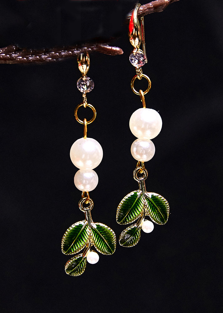 DIY Green Leaf Pearl Zircon Drop Earrings - Omychic