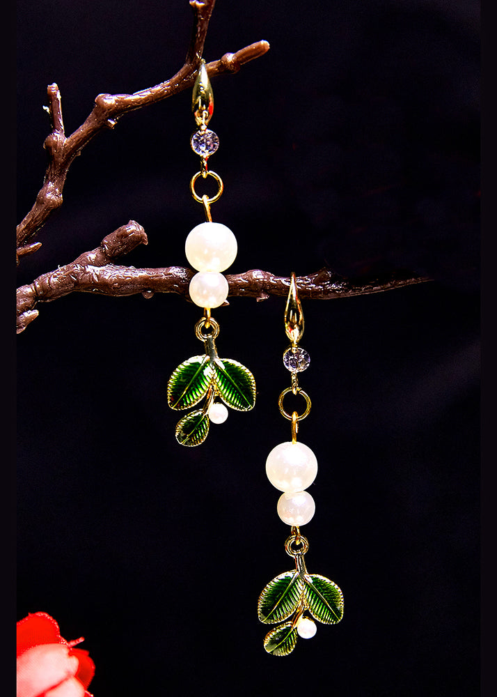 DIY Green Leaf Pearl Zircon Drop Earrings - Omychic
