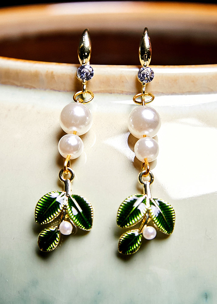 DIY Green Leaf Pearl Zircon Drop Earrings - Omychic