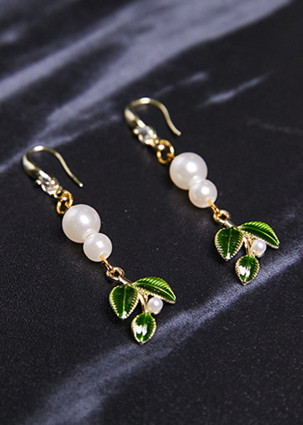 DIY Green Leaf Pearl Zircon Drop Earrings - Omychic