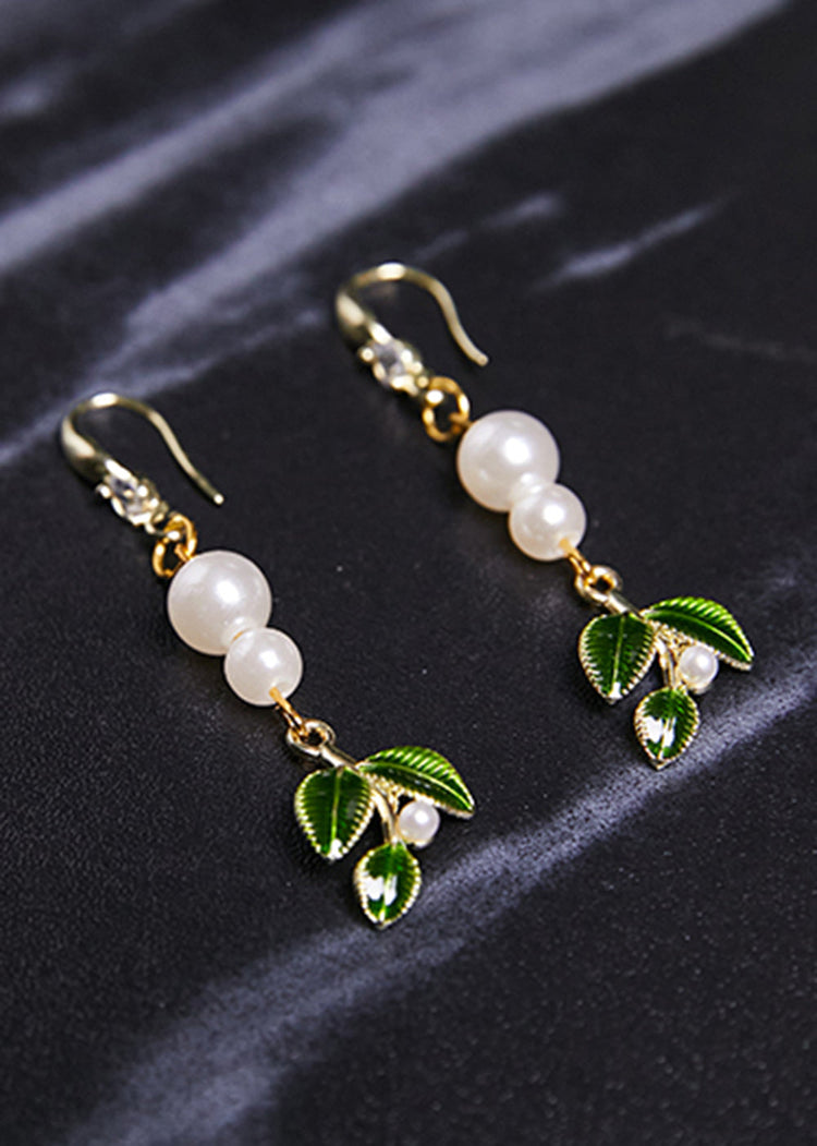 DIY Green Leaf Pearl Zircon Drop Earrings - Omychic