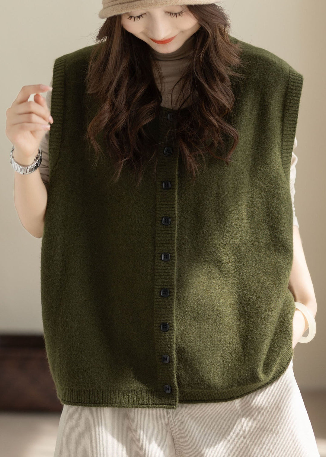 DIY Green Oversized Button Knit Vests Winter