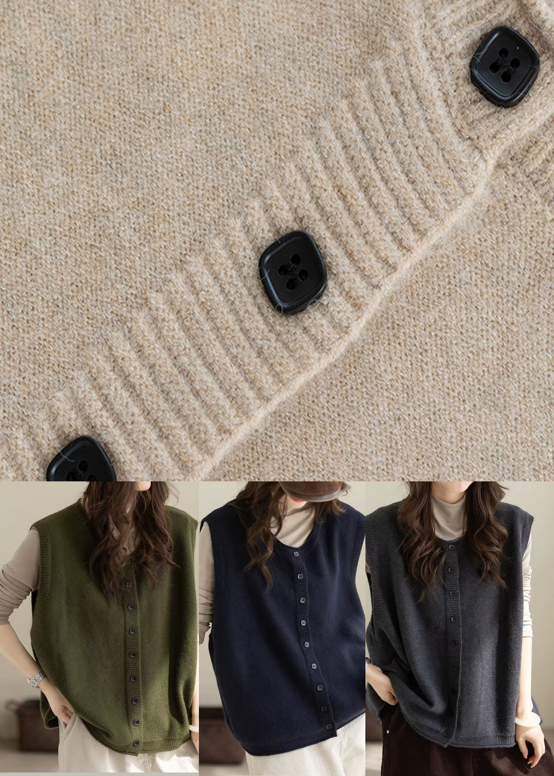 DIY Green Oversized Button Knit Vests Winter