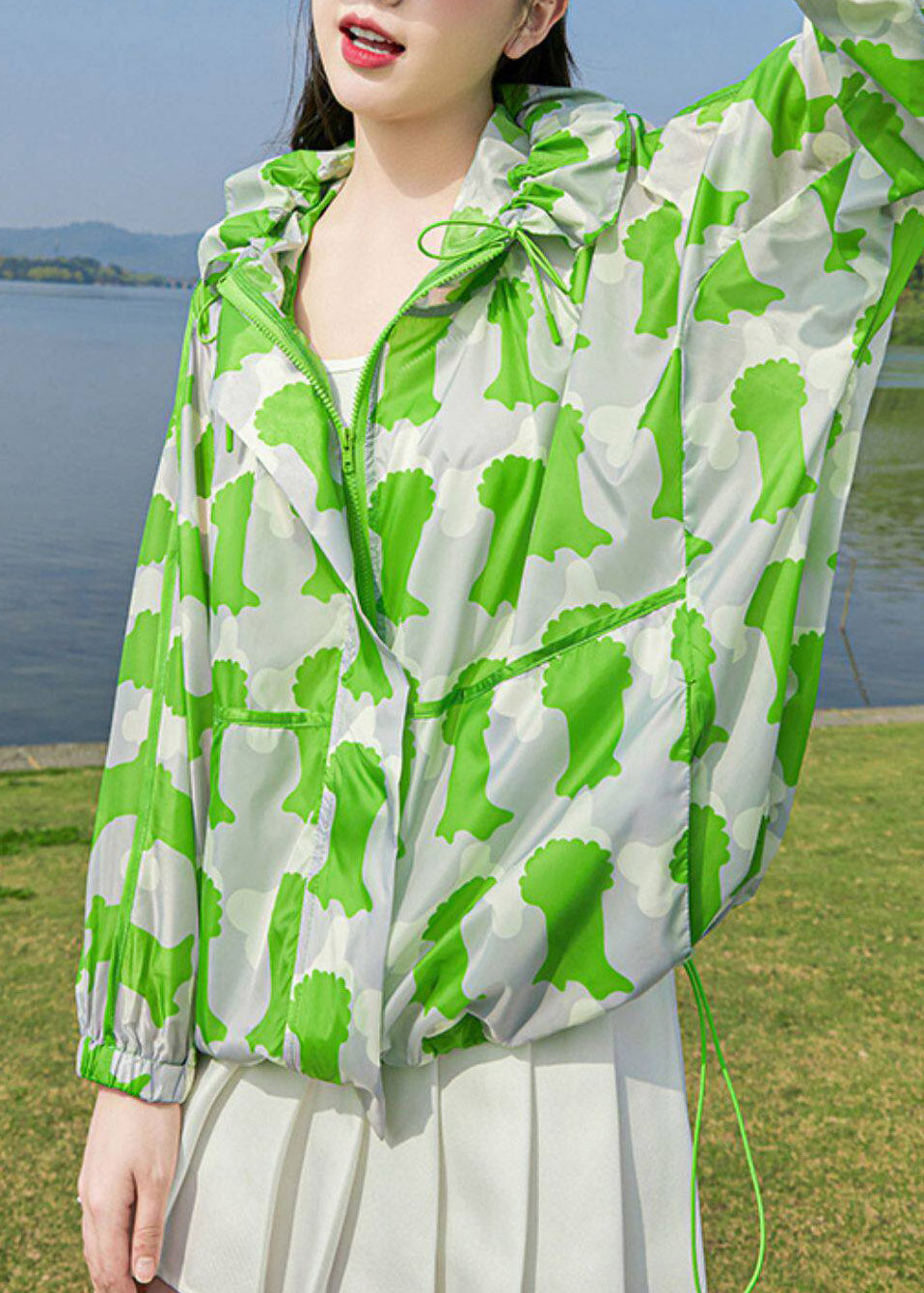 DIY Green Print Hooded UPF 50+ Coat Jacket Spring
