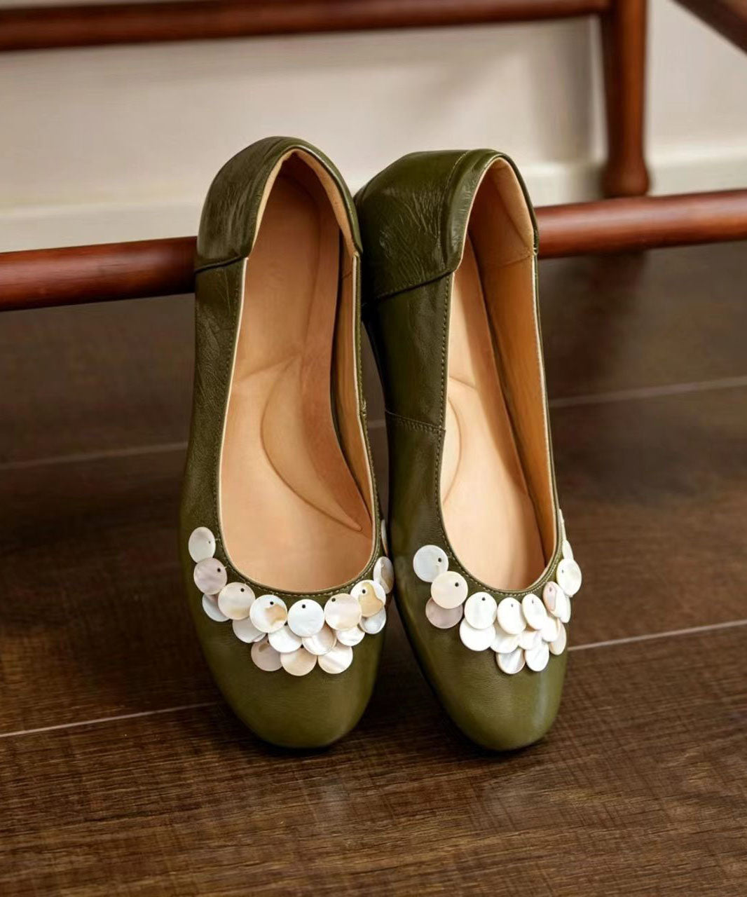 DIY Green Shell Decoration Flat Shoes Faux Leather