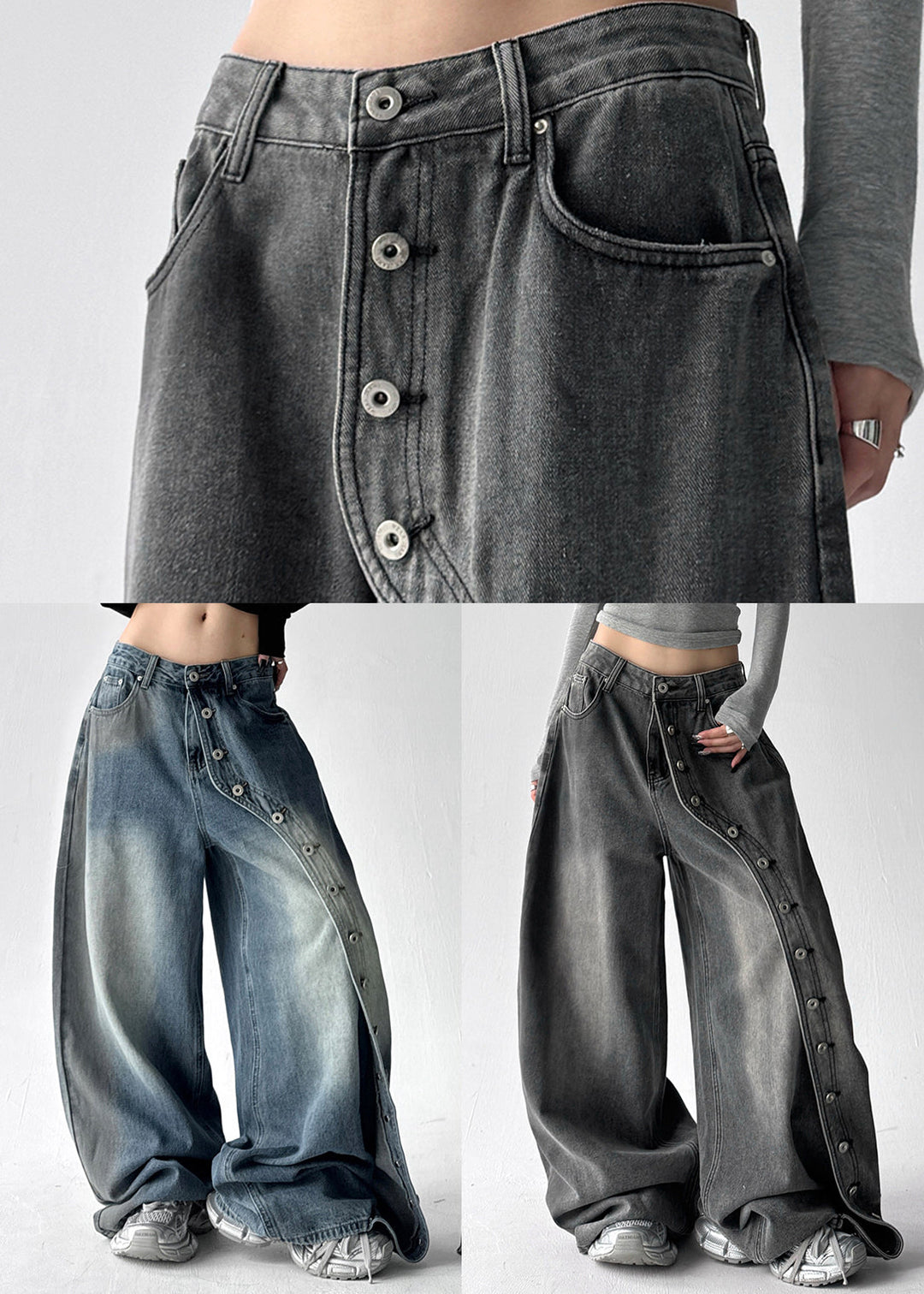 DIY Grey Asymmetrical Rivet Denim Harem Pants Fall