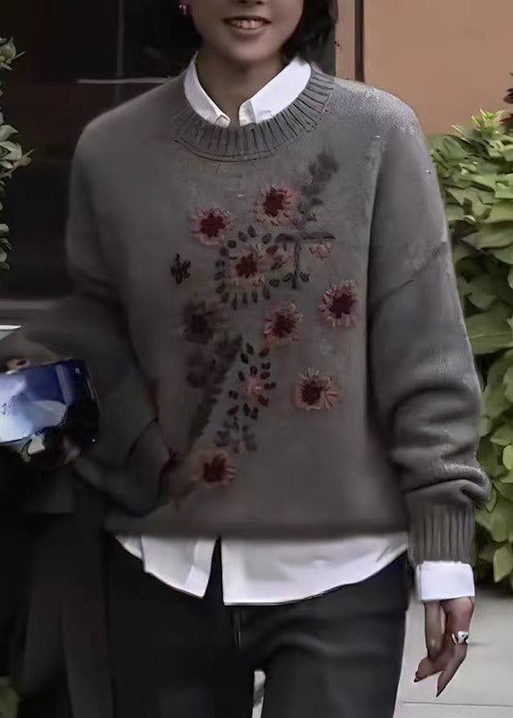 DIY Grey O Neck Thick Floral Knit Sweater Tops Fall