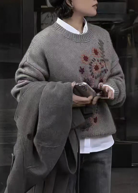 DIY Grey O Neck Thick Floral Knit Sweater Tops Fall